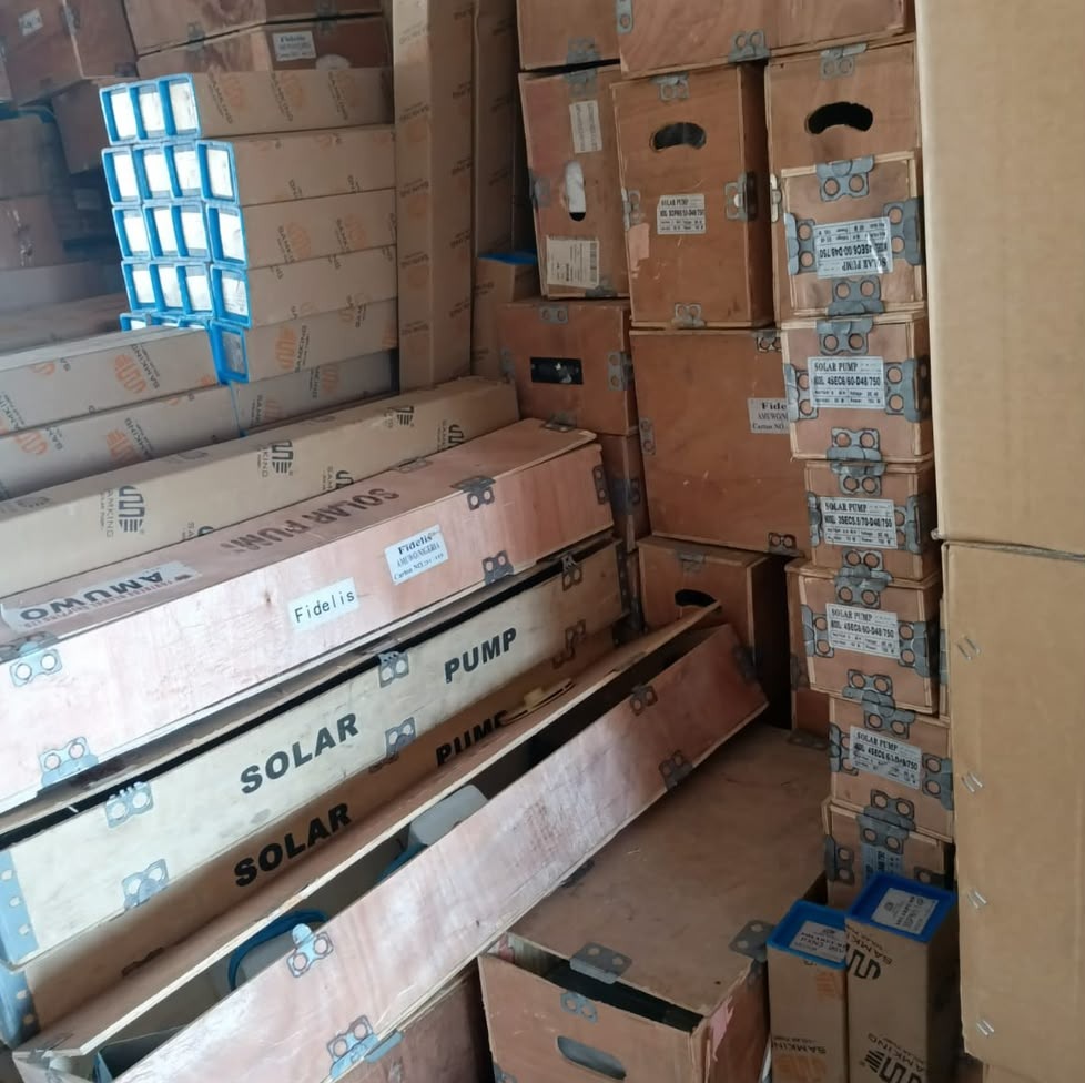 Solar water pump equipment in wooden crates
